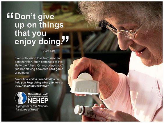 Older adult using a magnifier with quote encouraging continued activities.