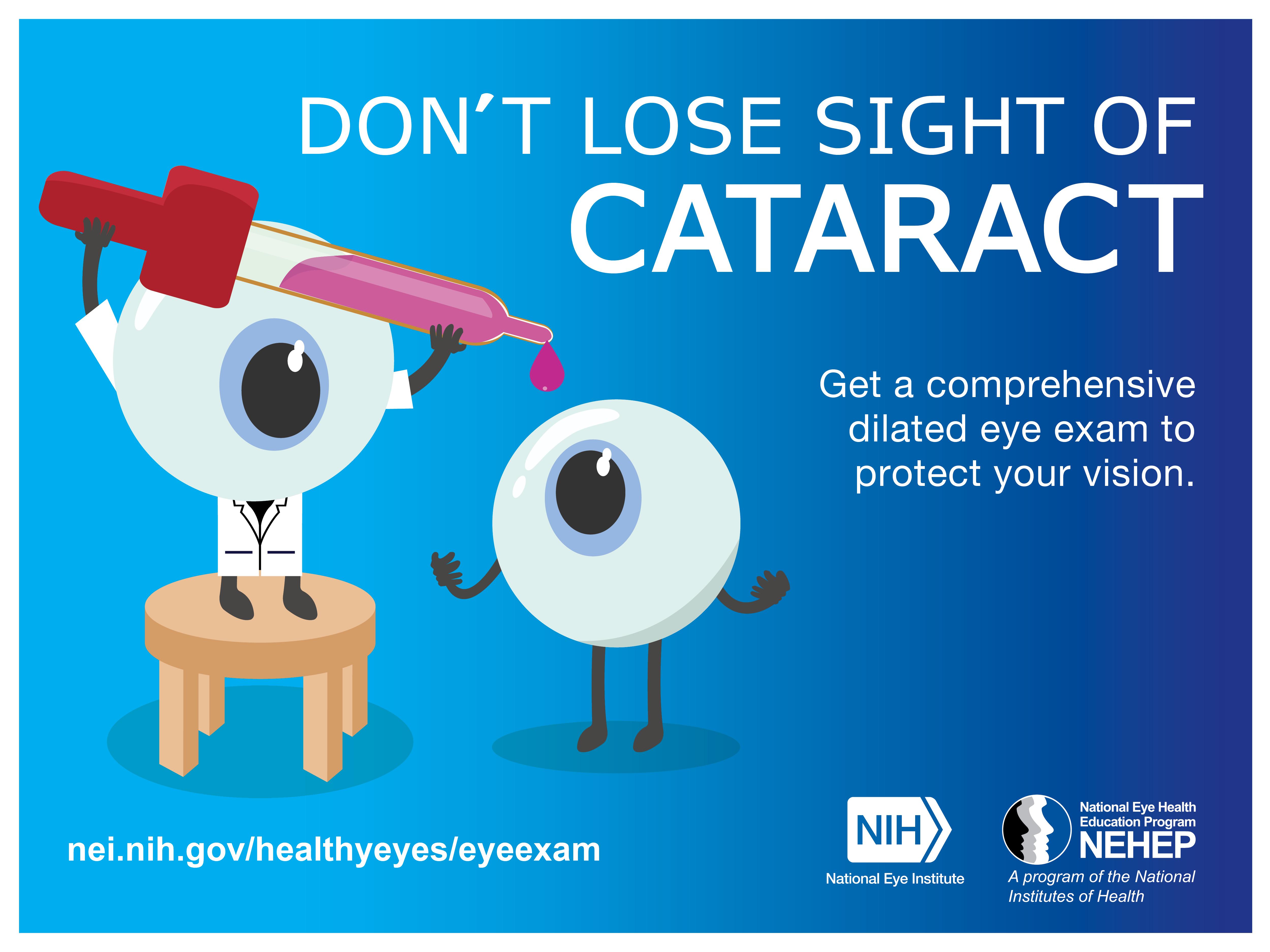 National Eye Institute graphic reading “DON’T LOSE SIGHT OF CATARACT – Get a comprehensive dilated eye exam to protect your vision,” with two friendly eyeball characters illustrating the message.