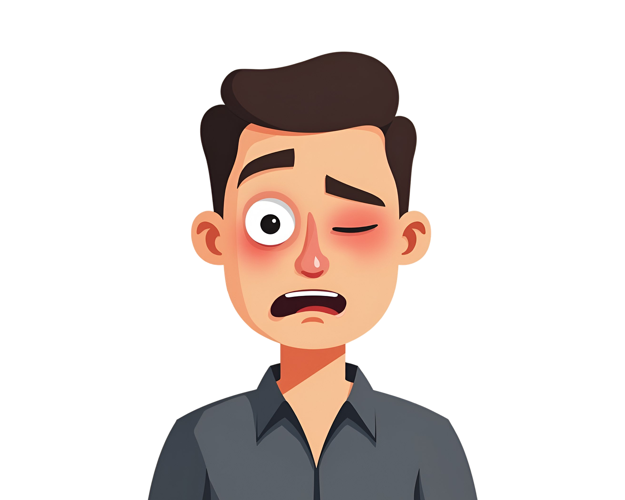 Cartoon man with red, irritated eye from digital eye strain