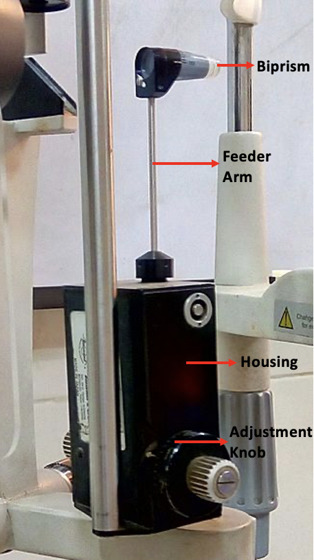 Goldmann applanation tonometer mounted on a slit lamp