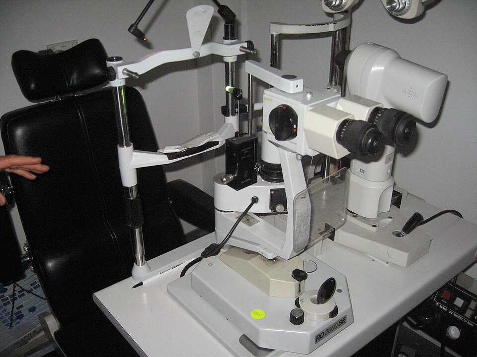 Goldmann applanation tonometer mounted on a slit lamp