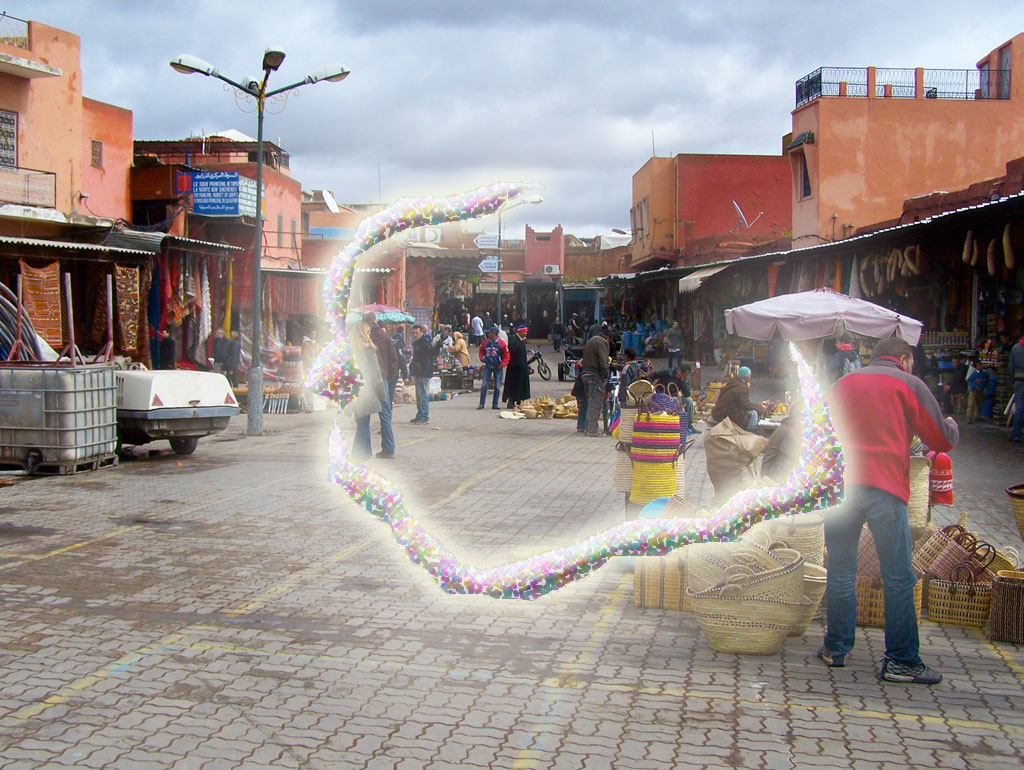 Photorealistic depiction of a scintillating scotoma over a street scene